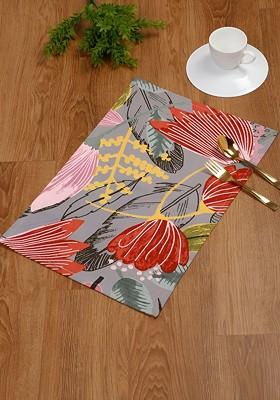 Grey And Pink 4 Pieces Floral Printed Cotton Table Placemats