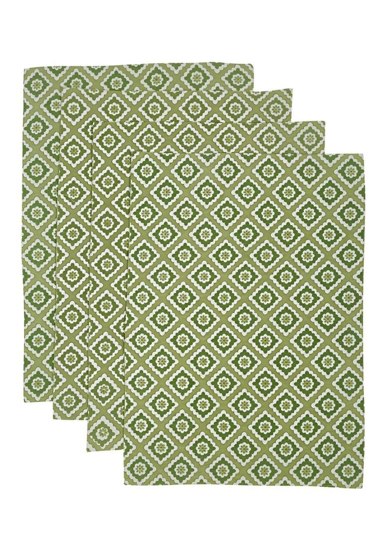 Green And White 4 Pieces Geometric Printed Cotton Table Placemats