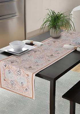 PeachColored And Grey Floral Printed Cotton Table Runner