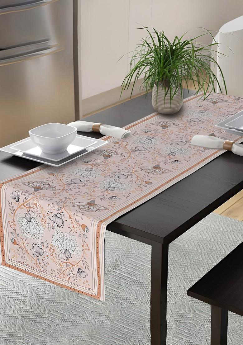 PeachColored And Grey Floral Printed Cotton Table Runner