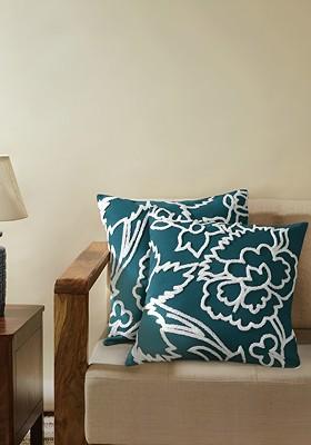 Teal Blue And White 2 Pieces Cotton Embroidered Square Cushion Covers