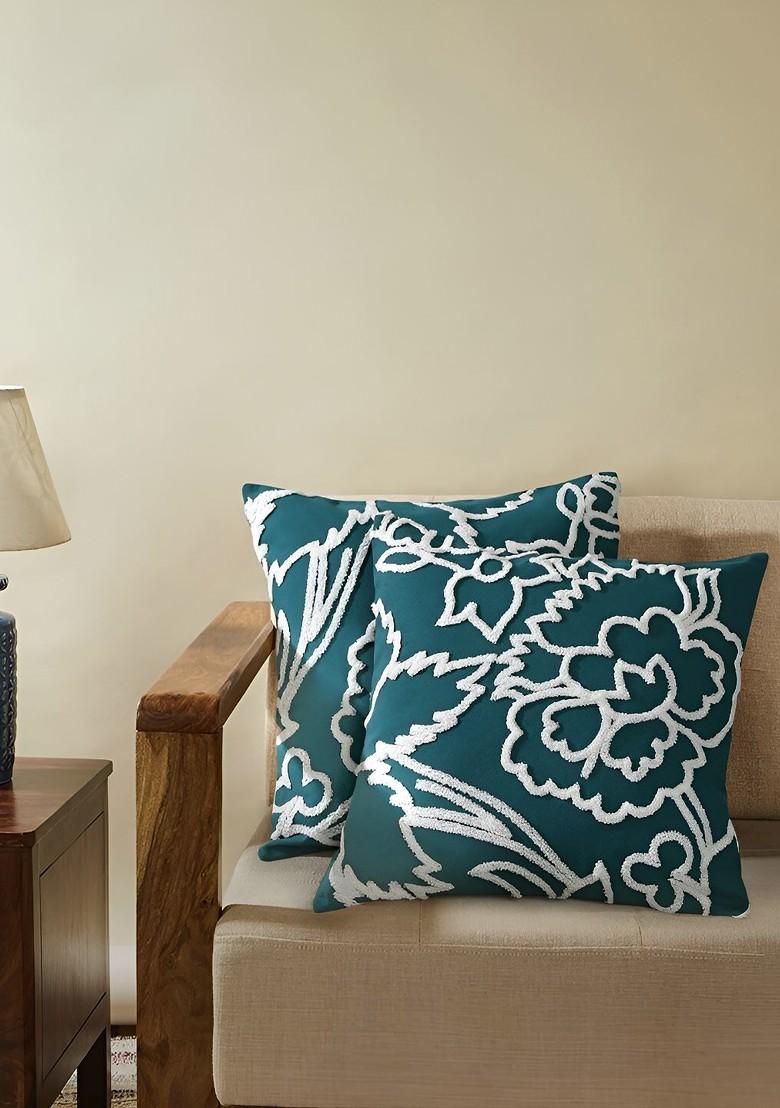 Teal Blue And White 2 Pieces Cotton Embroidered Square Cushion Covers