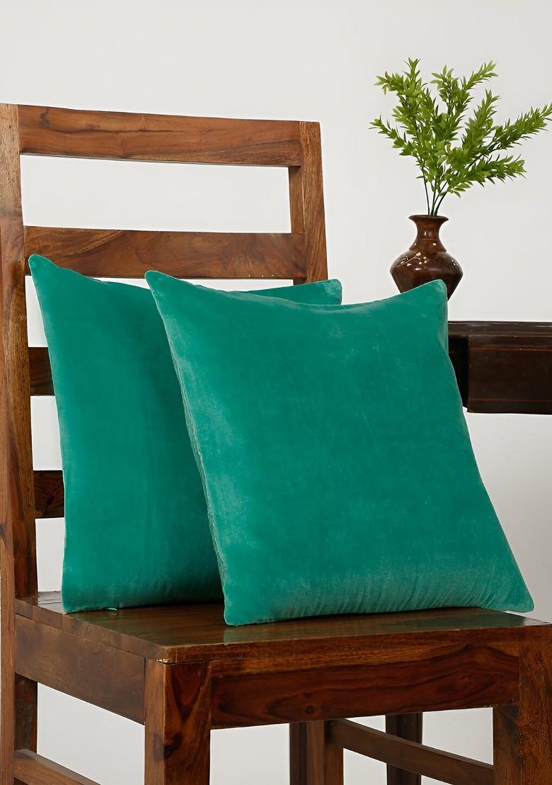 Green 2 Pieces Ethnic Motifs Velvet Square Cushion Covers