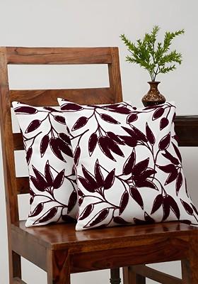 White And Maroon 2 Pieces Cotton Embroidered Square Cushion Covers