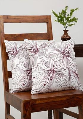 White And Purple 2 Pieces Cotton Embroidered Square Cushion Covers