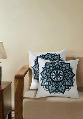 White And Blue 2 Pieces Cotton Embroidered Square Cushion Covers