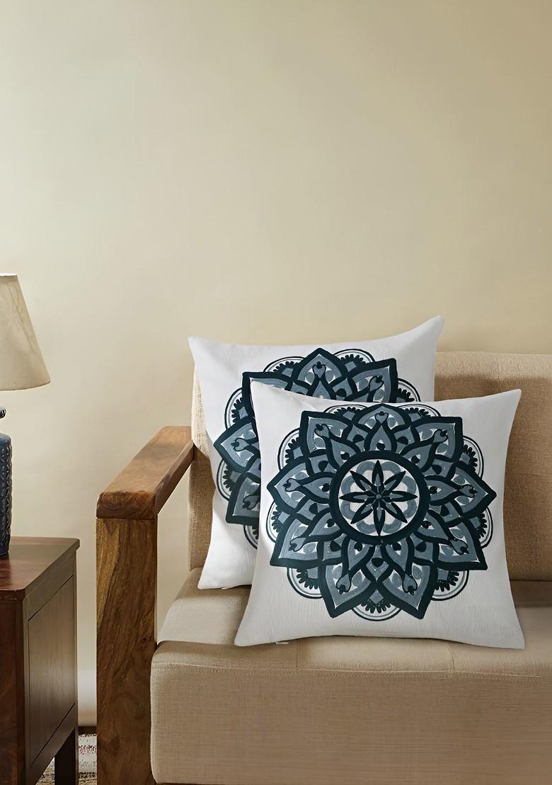 White And Blue 2 Pieces Cotton Embroidered Square Cushion Covers