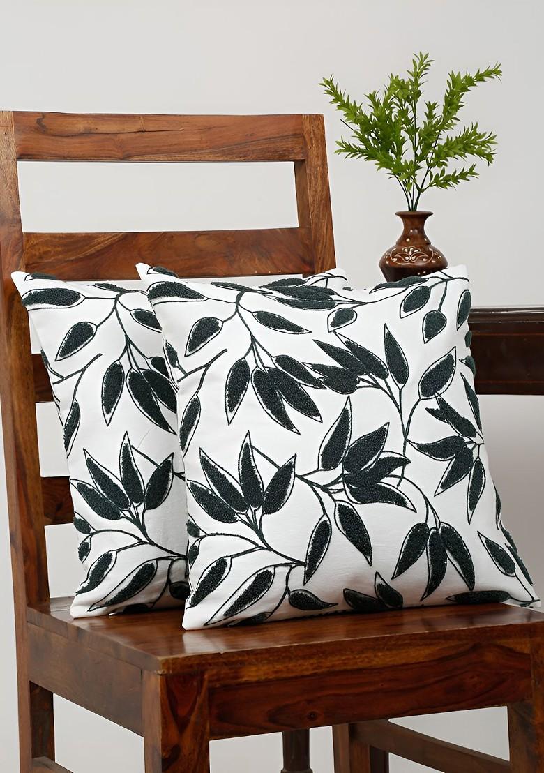 White And Black 2 Pieces Cotton Embroidered Square Cushion Covers