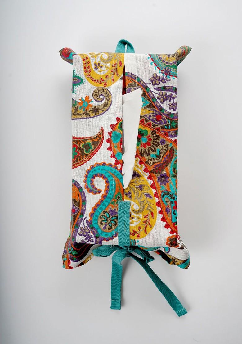 White Piasley Printed Cotton Tissue Box Cover