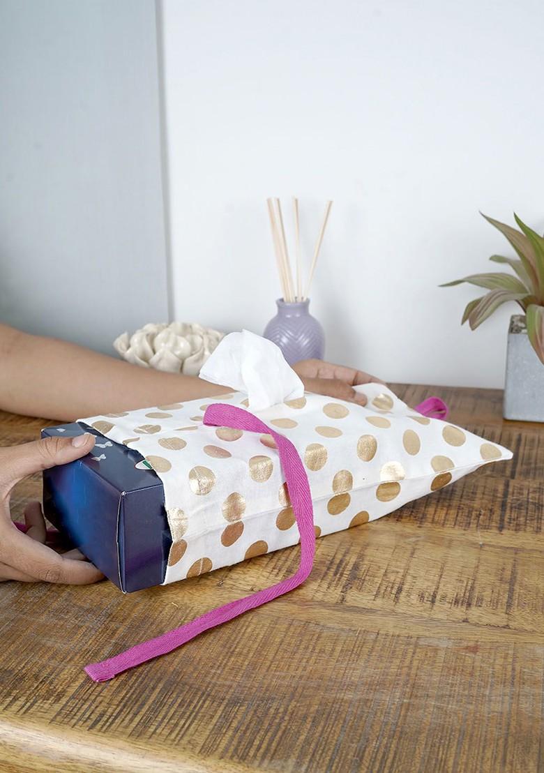 White Printed Cotton Tissue Box Cover