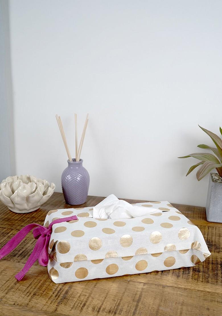 White Printed Cotton Tissue Box Cover