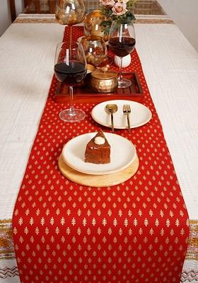 Red And GoldToned Ethnic Motifs Printed Table Runner