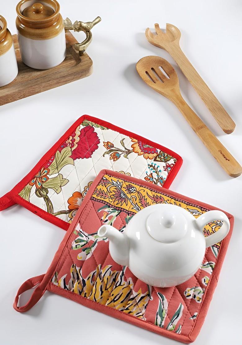 White And Peach Colored 2 Pcs Printed Cotton Square Shaped Coasters