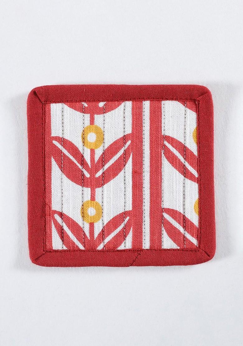 White And Red 6 Pieces Printed Cotton Coasters