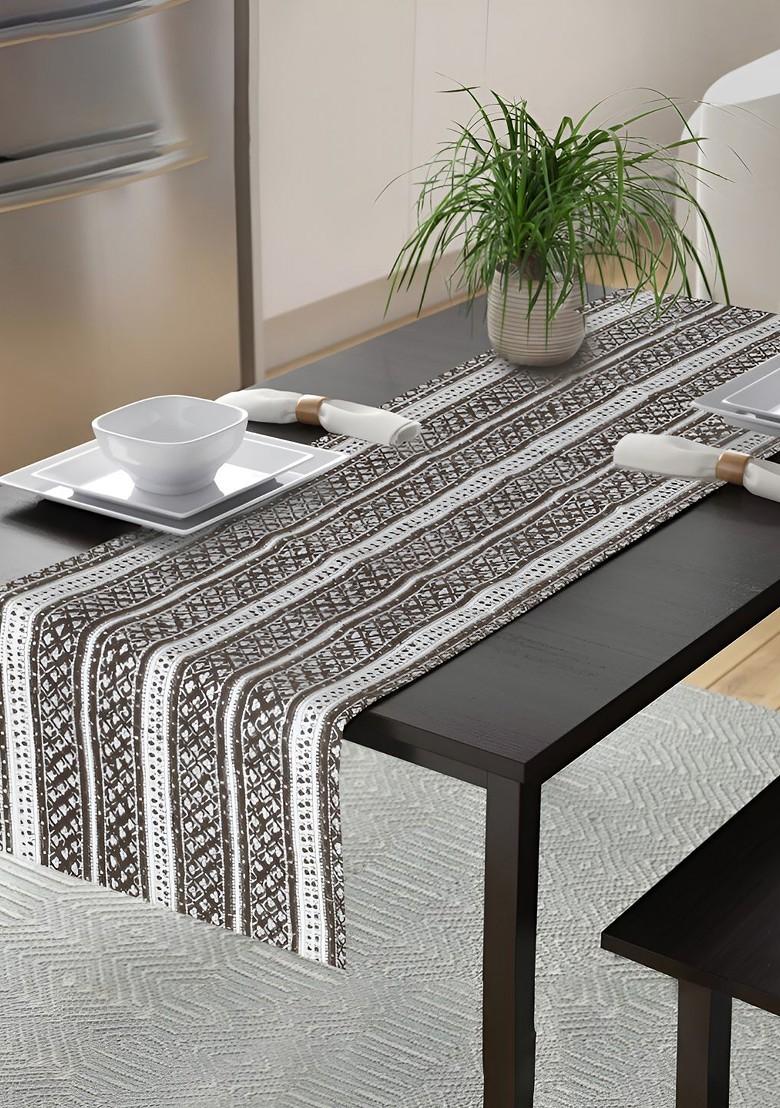 Brown And White Striped Cotton Table Runner