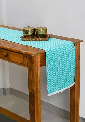 Sea Green And White Motifs Printed Cotton Rectangle Table Runner