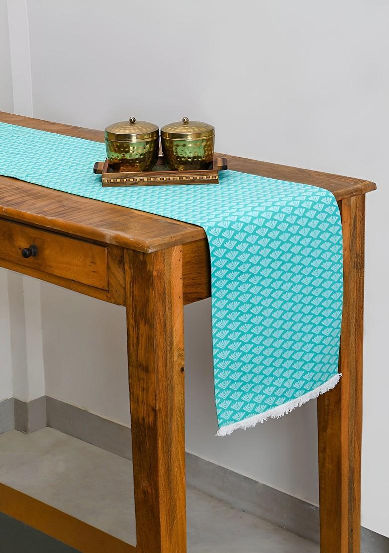 Sea Green And White Motifs Printed Cotton Rectangle Table Runner