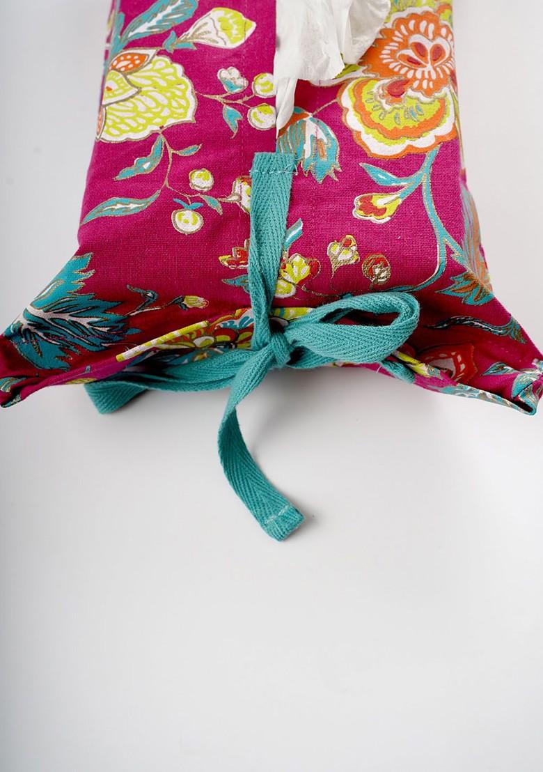 Pink Floral Printed Cotton Tissue Box Cover