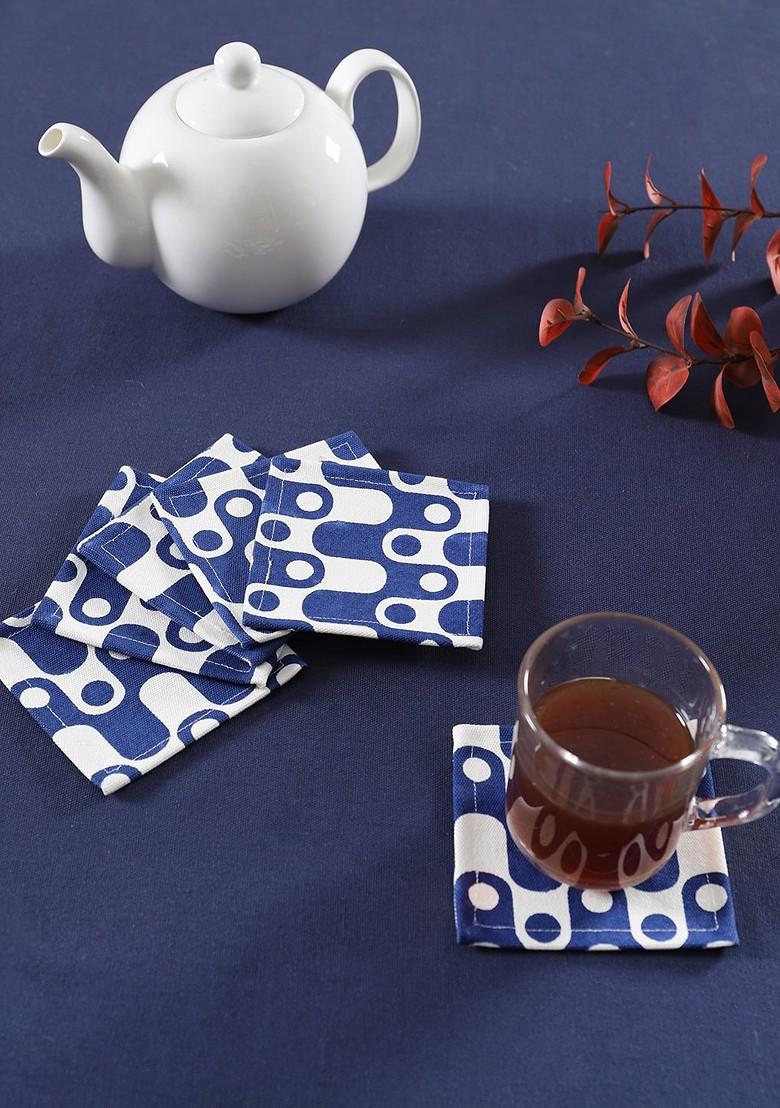 Blue Andwhite 6 Pieces Printed Cotton Coasters