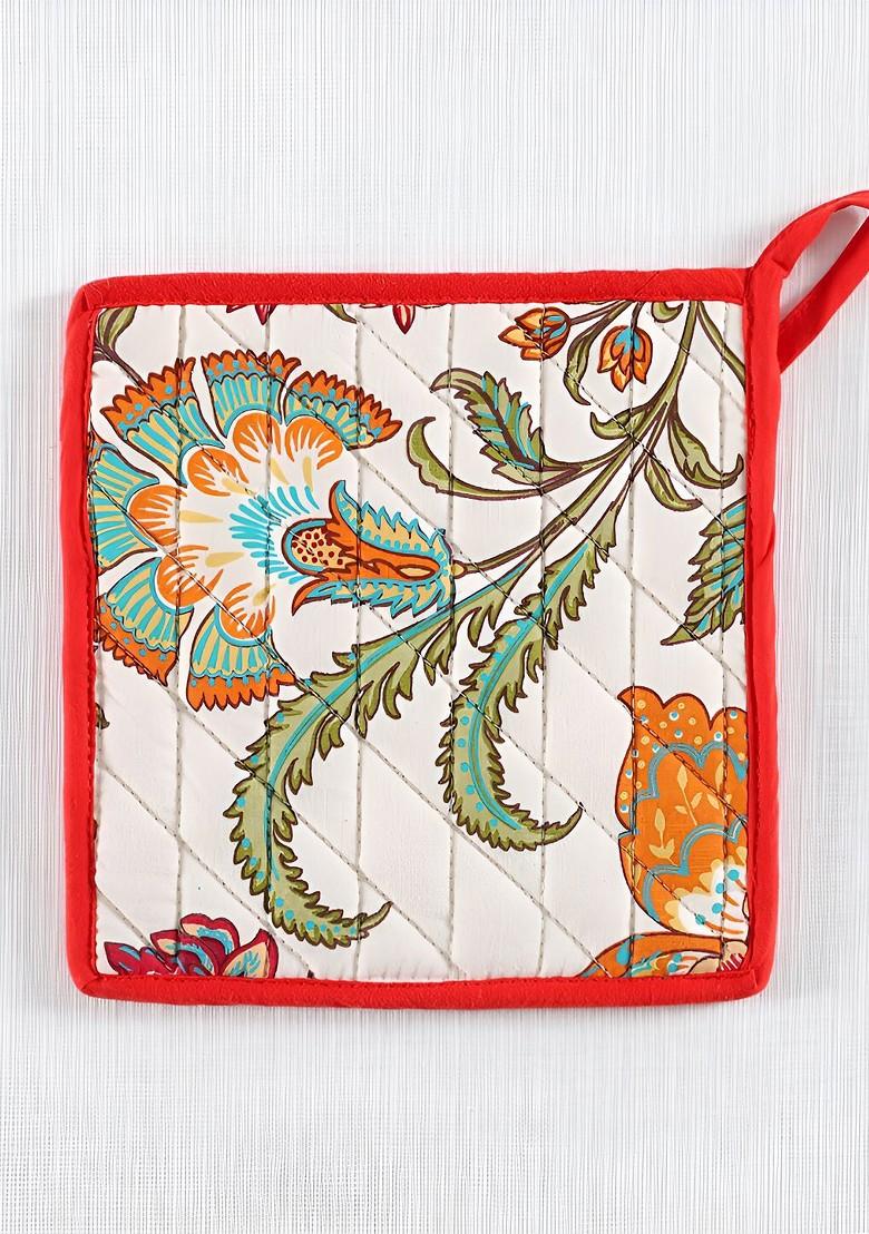 Grey And White 2 Pcs Printed Cotton Square Shaped Coasters