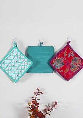 Pink And Blue 3 Pcs Printed Cotton Square Shaped Coasters