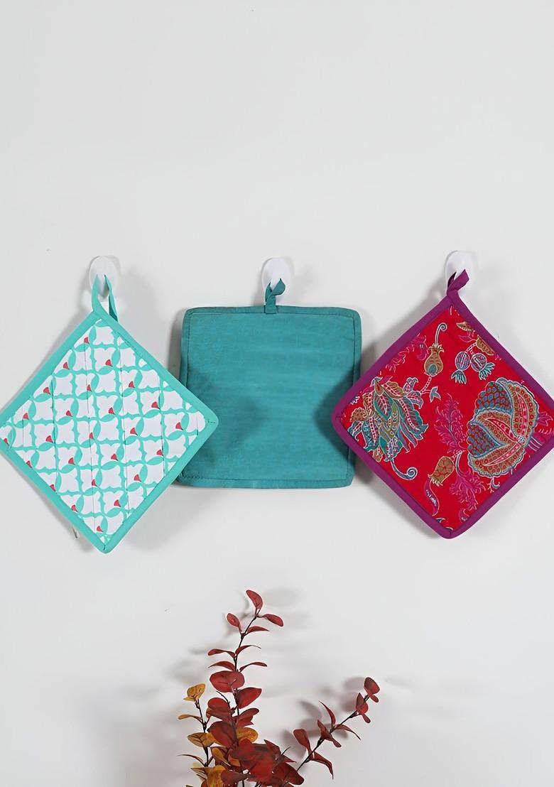 Pink And Blue 3 Pcs Printed Cotton Square Shaped Coasters