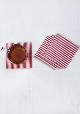 4Pcs White And Pink Striped Cotton Coasters