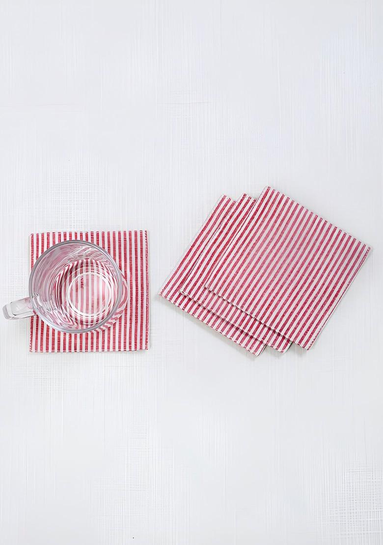 4Pcs White And Pink Striped Cotton Coasters