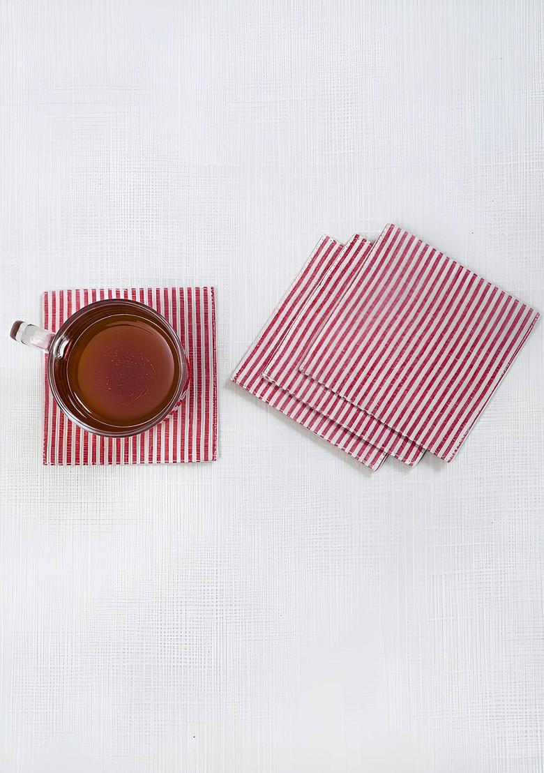 4Pcs White And Pink Striped Cotton Coasters