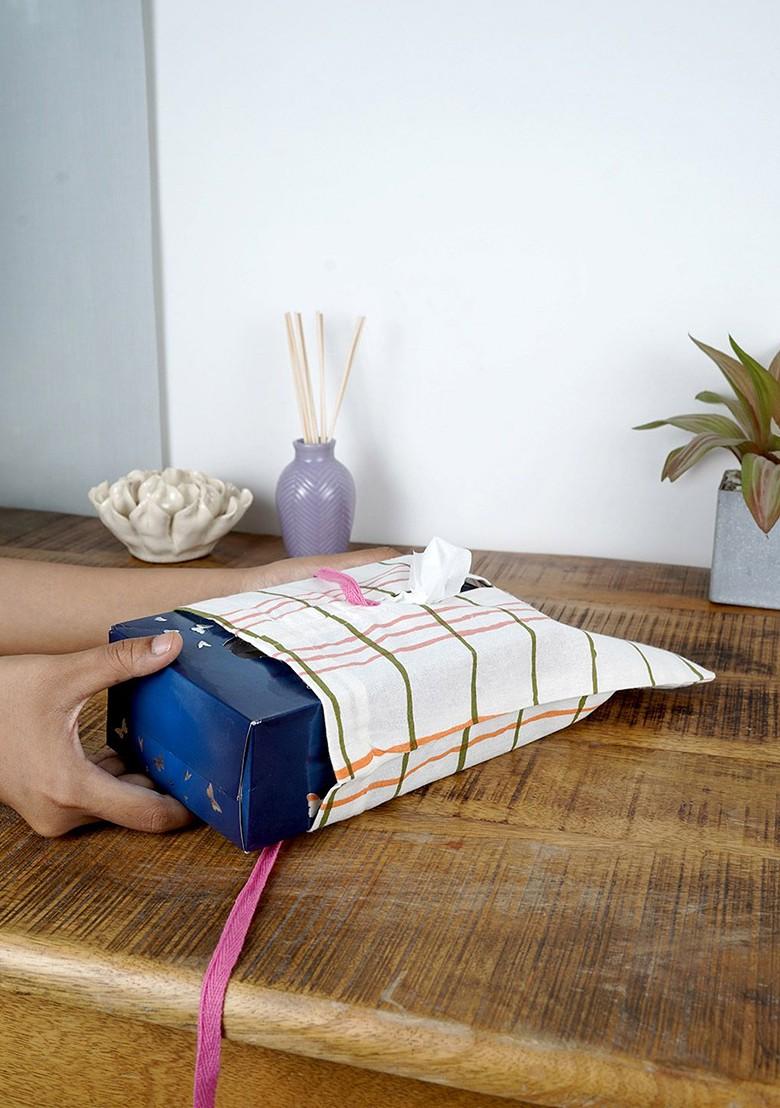 White And Pink Striped Cotton Tissue Box Cover
