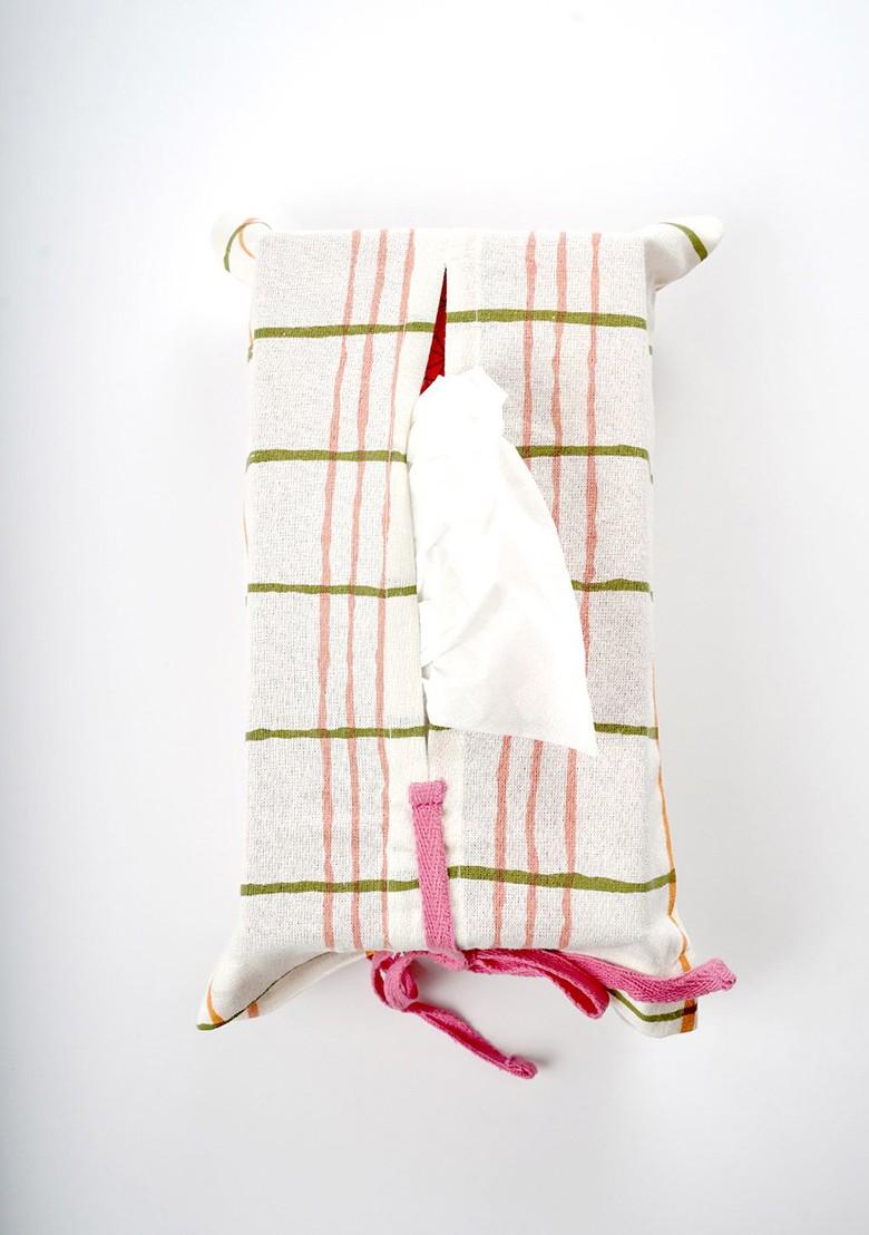White And Pink Striped Cotton Tissue Box Cover