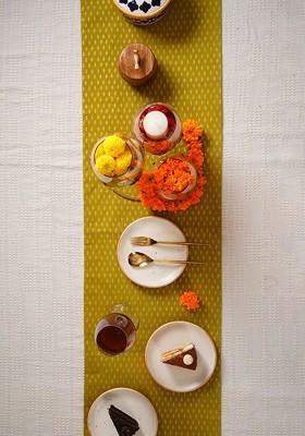 OliveGreen And GoldToned Ethnic Motifs Printed Table Runner