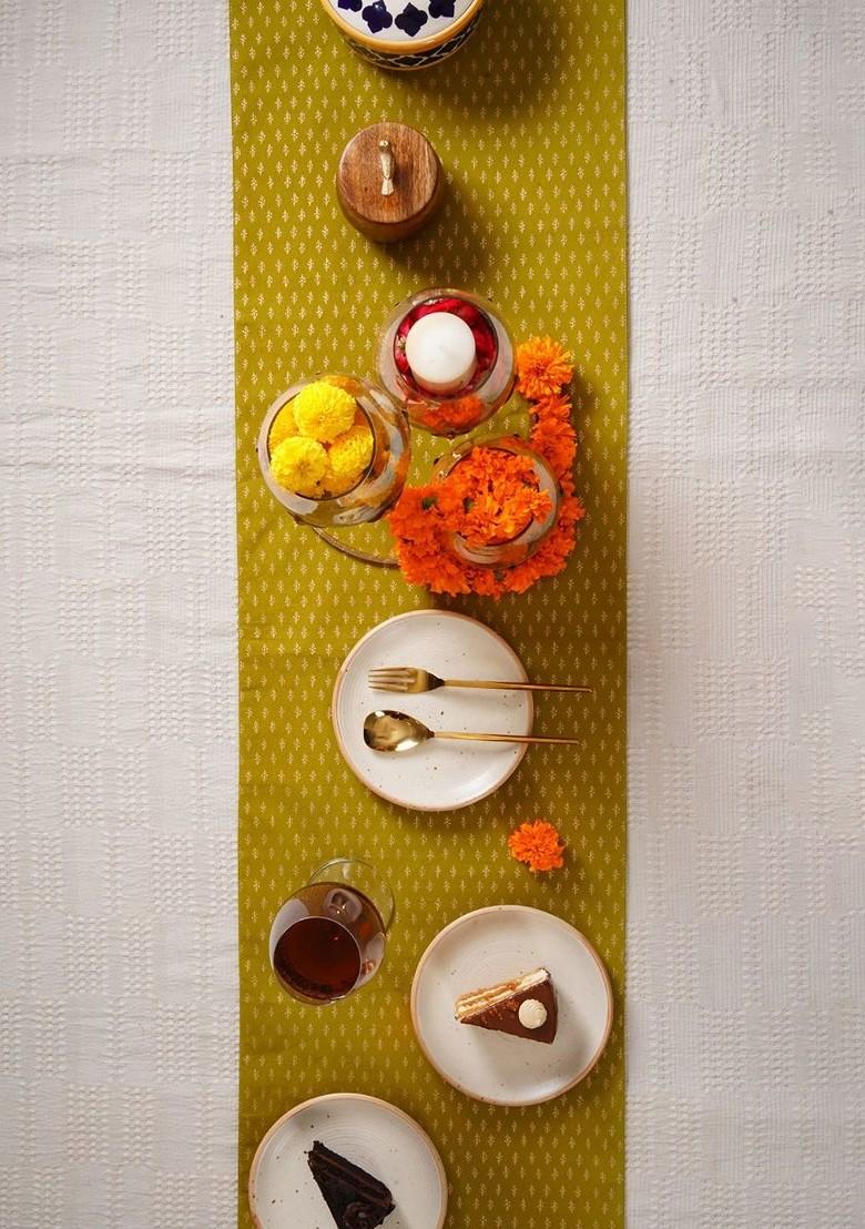 OliveGreen And GoldToned Ethnic Motifs Printed Table Runner