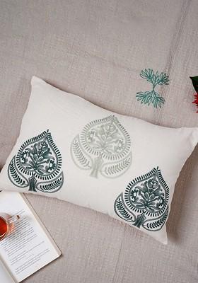 Green And White Ethnic Motifs Embroidered Pure Cotton Rectangle Cushion Cover