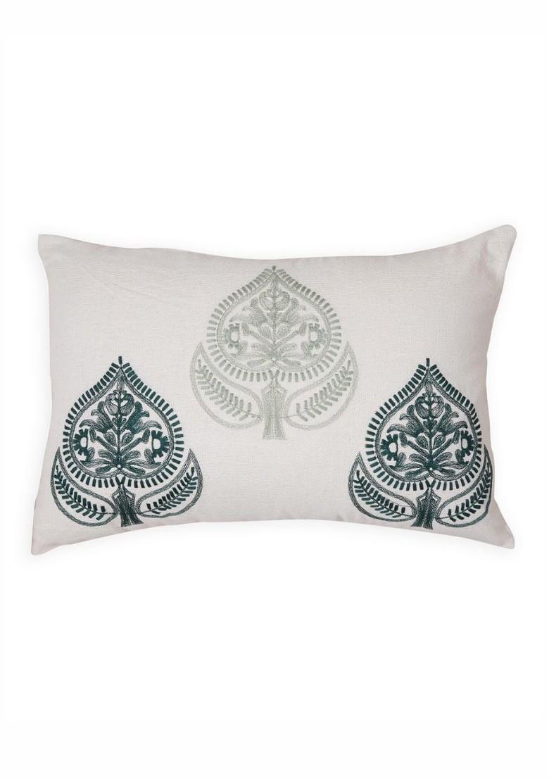 Green And White Ethnic Motifs Embroidered Pure Cotton Rectangle Cushion Cover
