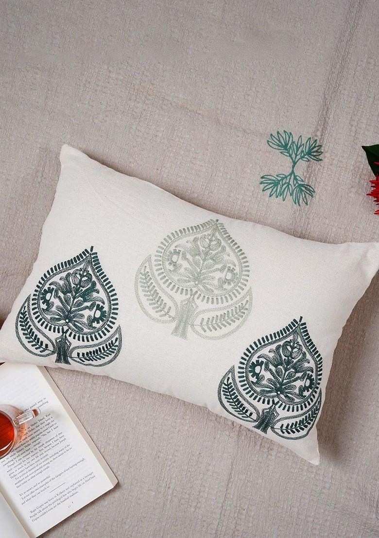Green And White Ethnic Motifs Embroidered Pure Cotton Rectangle Cushion Cover