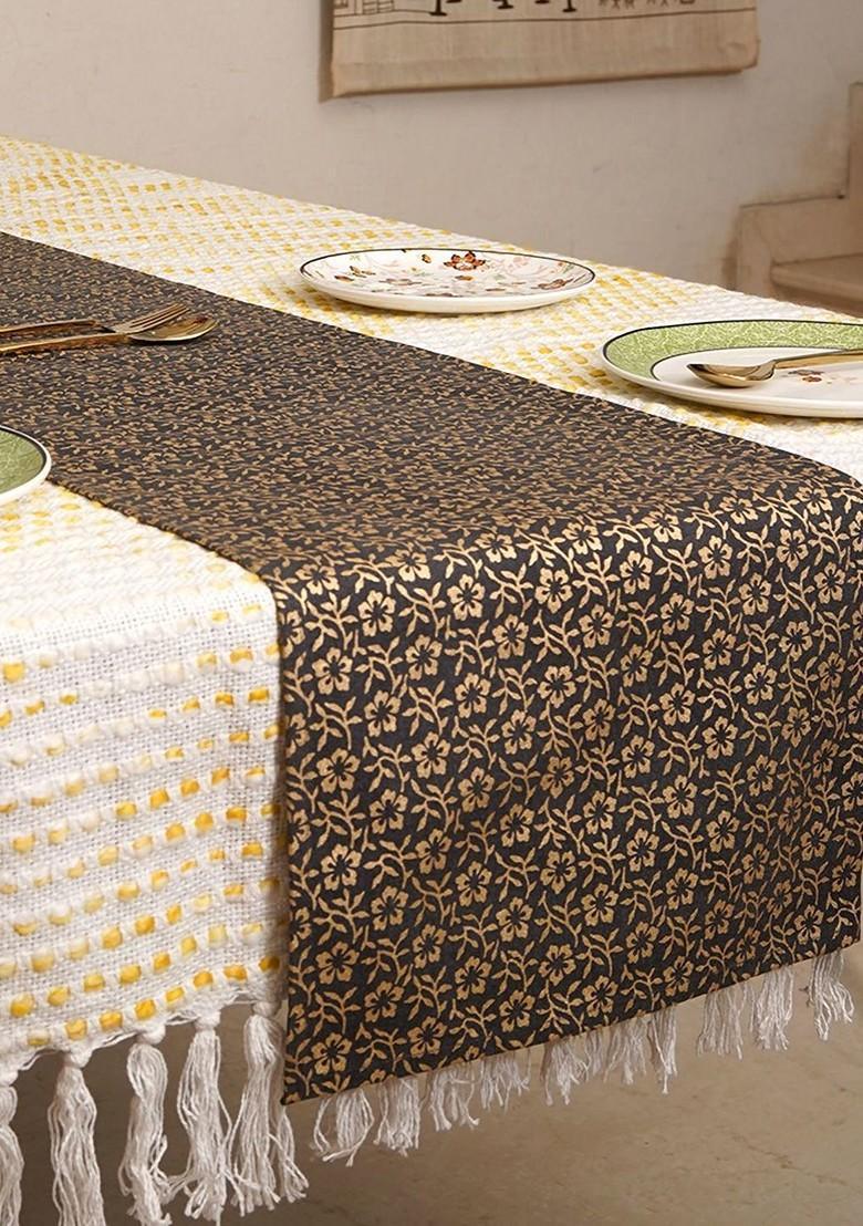 Grey And GoldToned Floral Printed Rectangular Table Runners