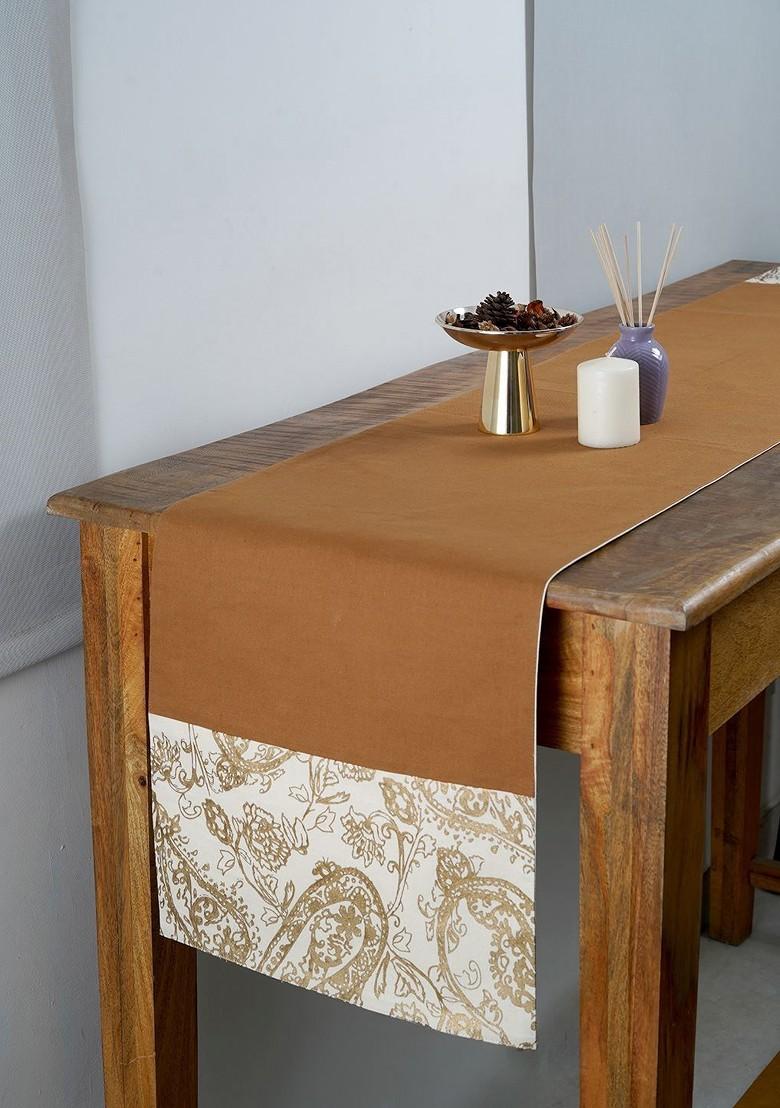 Brown And White Floral Printed Pure Cotton Rectangular Table Runner
