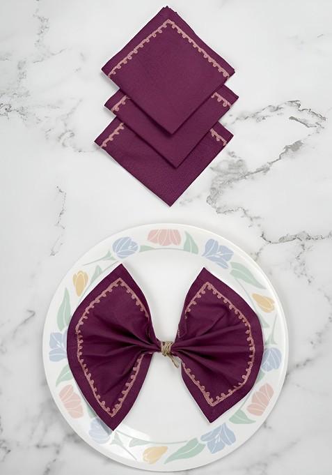 Purple 4 Pieces Embroidered Pure Cotton Table Napkins