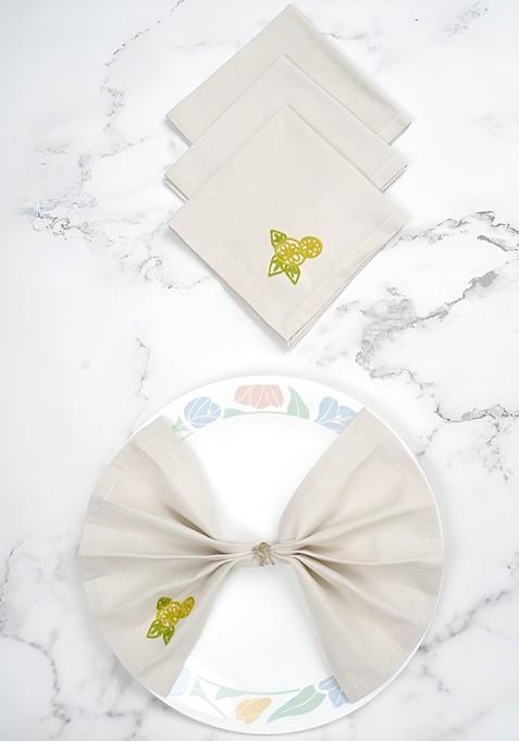 Off White And Green 4 Pieces Floral Embroided Pure Cotton Table Napkins