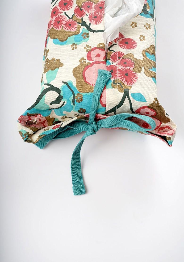 White Floral Printed Cotton Tissue Box Cover