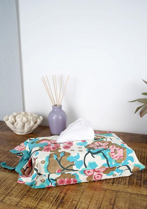 White Floral Printed Cotton Tissue Box Cover