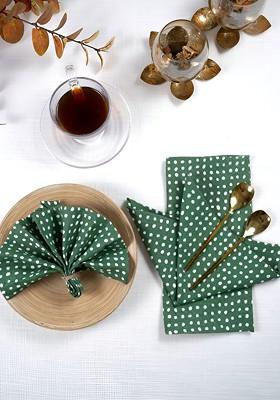 Green And White 4 Pieces Polka Dots Printed Linen Table Napkins