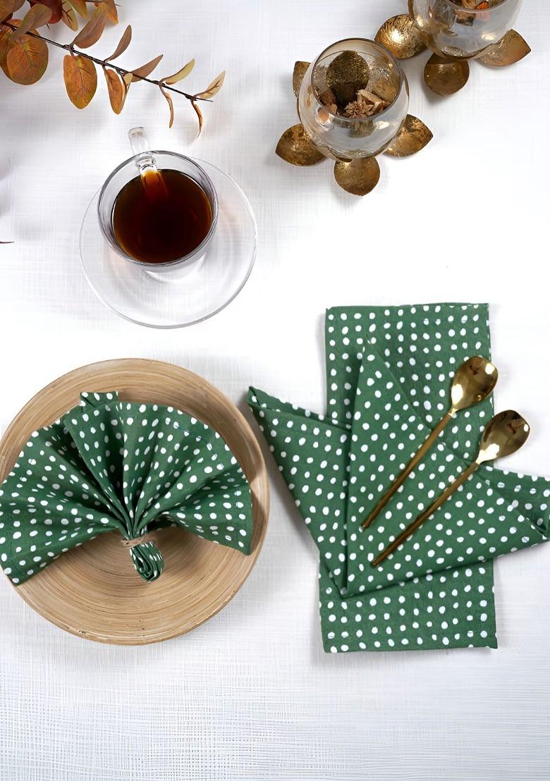 Green And White 4 Pieces Polka Dots Printed Linen Table Napkins