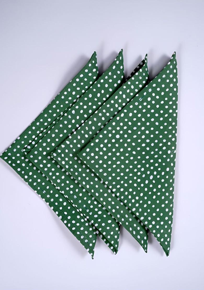 Green And White 4 Pieces Polka Dots Printed Linen Table Napkins