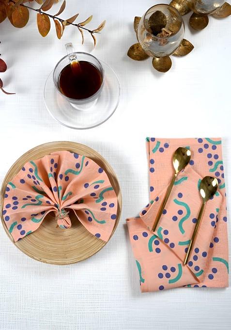 Peach And Green 4 Pieces Printed Linen Table Napkins