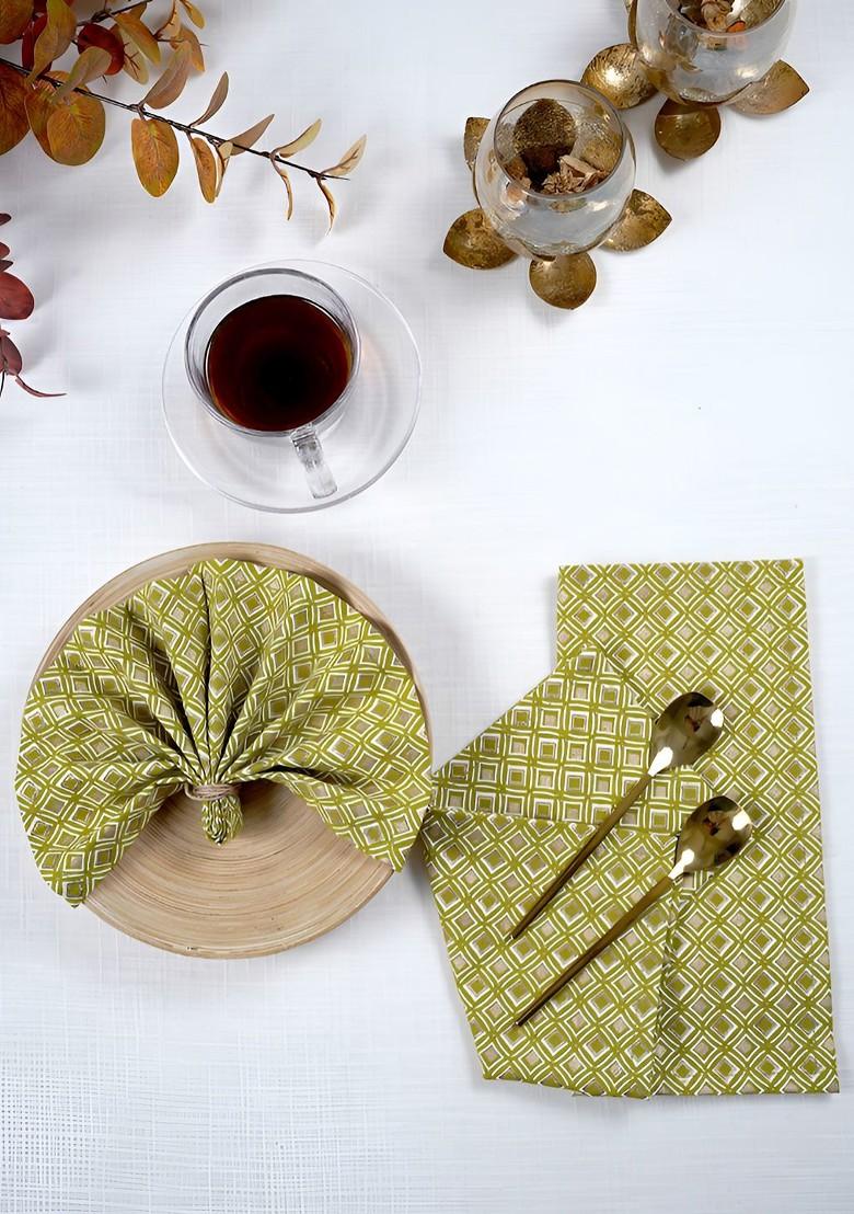 Green And White 4 Pieces Geometric Printed Cotton Table Napkins