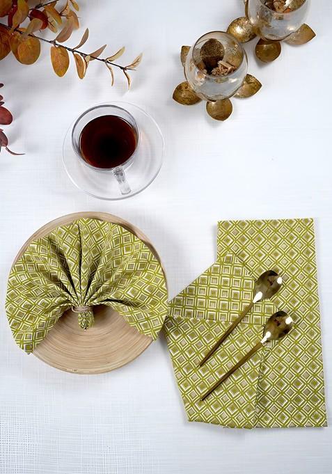 Green And White 4 Pieces Geometric Printed Cotton Table Napkins