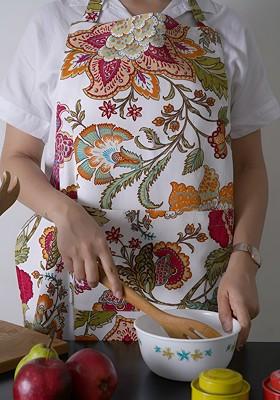 Girls White And Red Cotton Floral Printed Free Size Apron