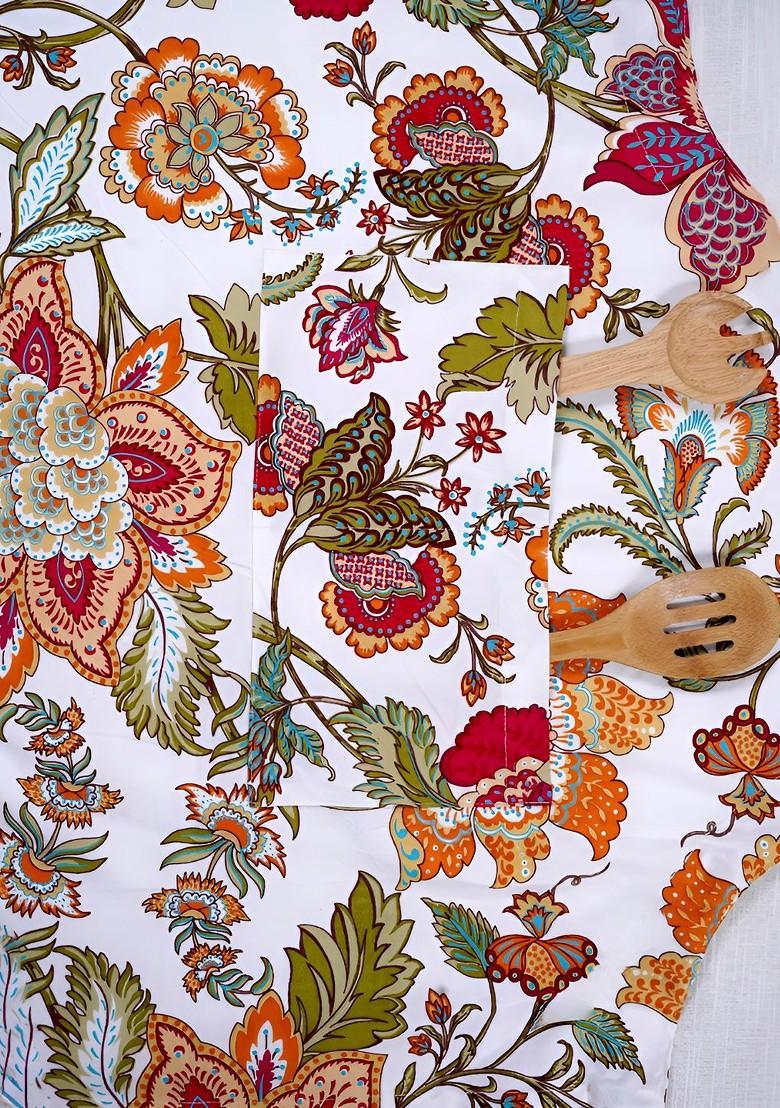 Girls White And Red Cotton Floral Printed Free Size Apron